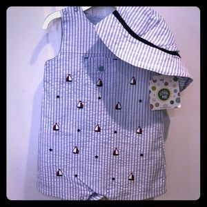 Little Me NWT Seersucker Romper w Matching Hat 6M